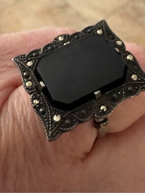 Vintage Art Deco Sterling Silver Black Onyx Rectangular Ring